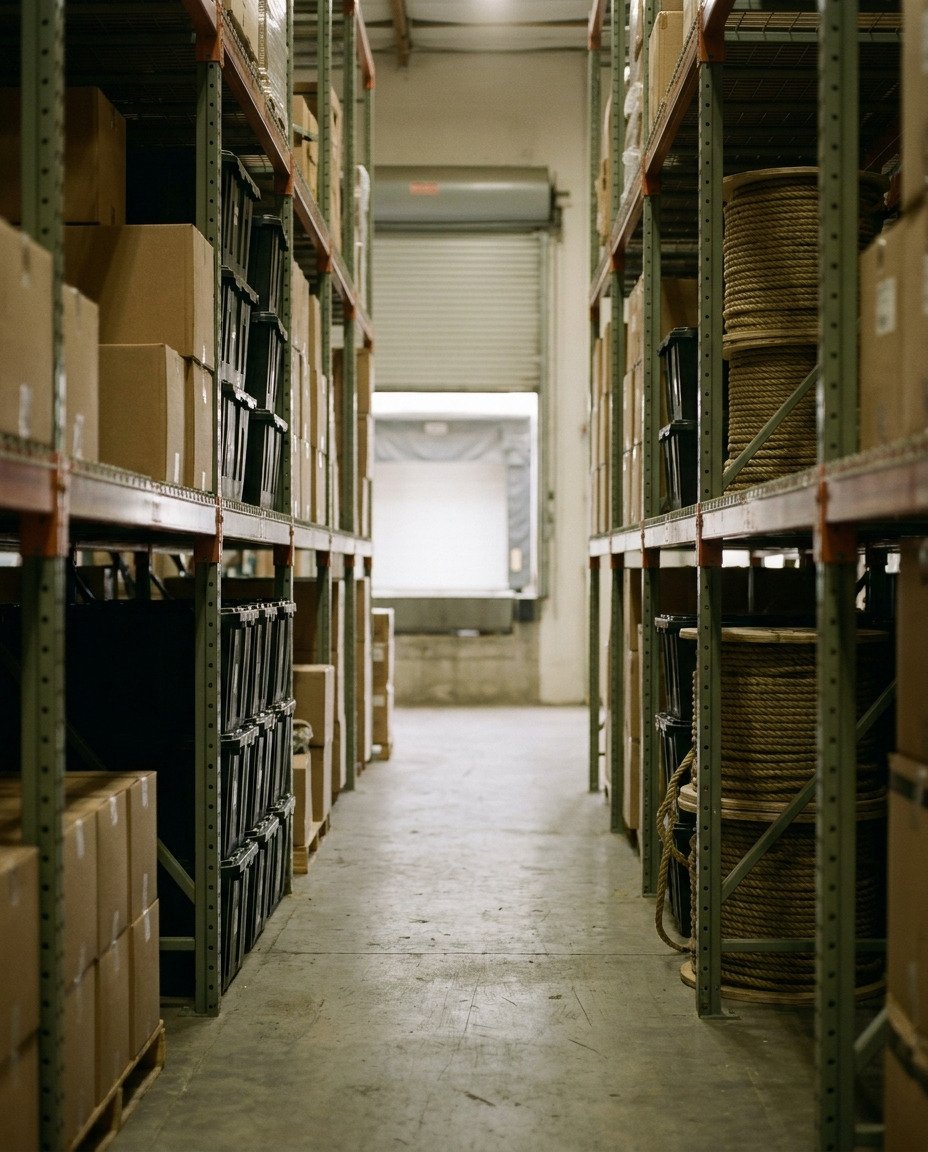 Steel shelving racks stocked with cartons, totes and coiled rope in the Area 15 Supply warehouse aisle