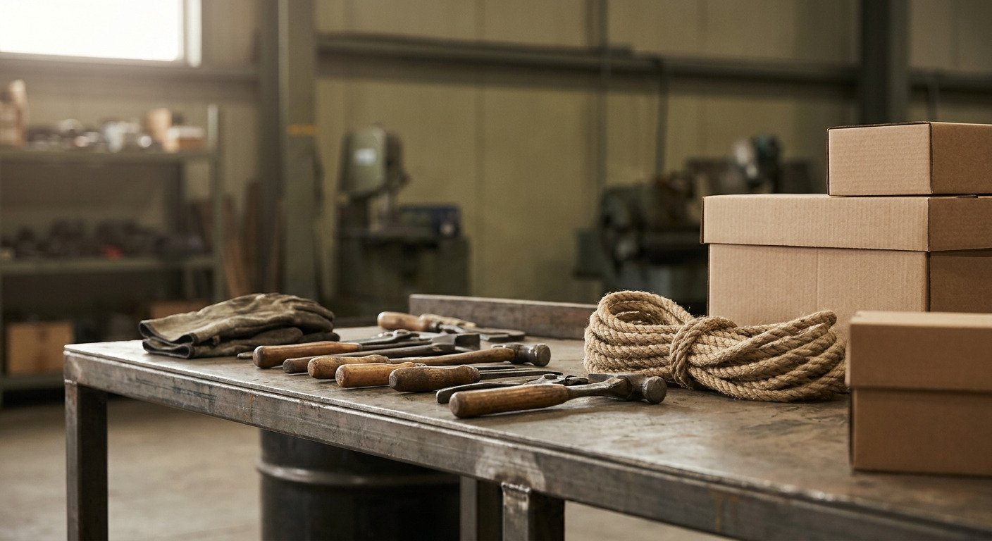 Steel workbench with hand tools, work gloves and kraft cartons at Area 15 Supply